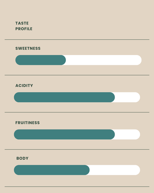 Taste profile chart with sliders for sweetness, acidity, fruitiness, and body on a beige background.